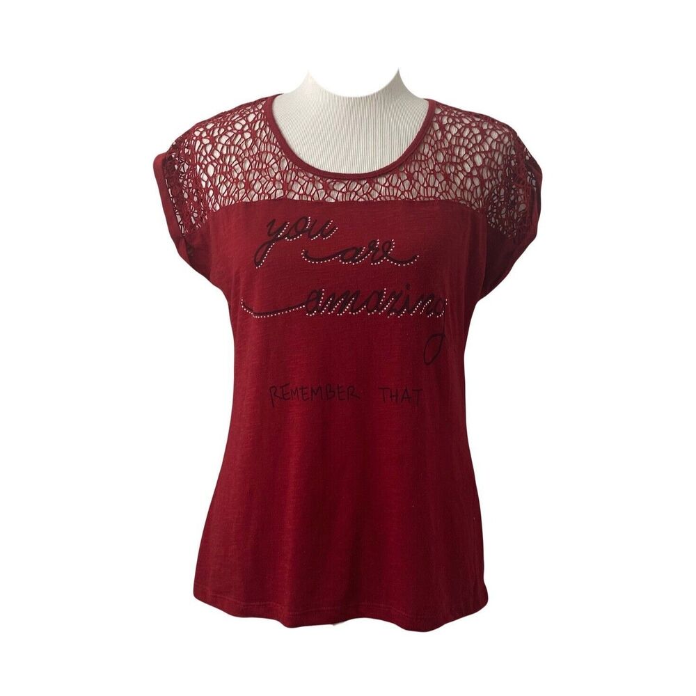 Local Women's Shirt Red Crochet Top Short Sleeve Scoop Neck Size Medium